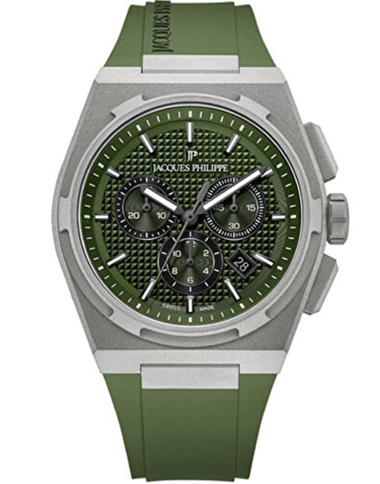 Jacques Philippe Jacques Philippe Aurora JPQGC4114XX  JPQGC4114XX кварцевые мужские часы зеленый циферблат, браслет силикон — вид спереди